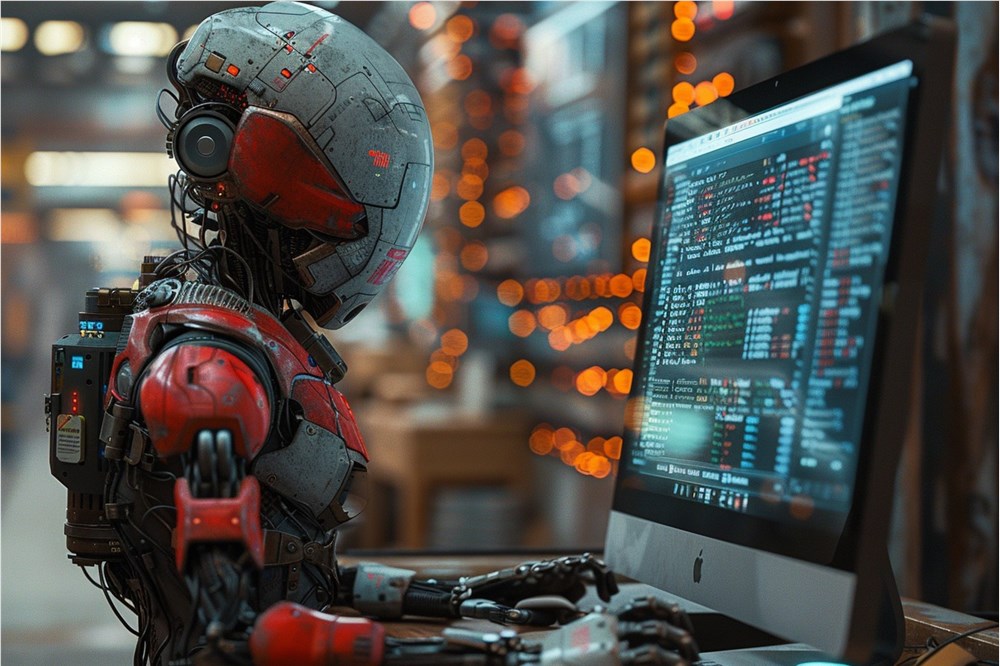 机器人 电脑 办公 人工智能 (图片来源:AI合成) 机器人 电脑 办公 人工智能