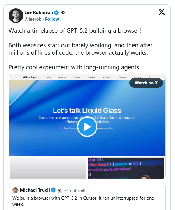 ​Cursor 实测：在长程自动化编程任务中，GPT-5.2 表现优于 Claude Opus 4.5