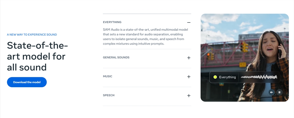 Meta发布SAM Audio：全球首个支持“点击分离声音”的多模态音频模型，一键提取吉他声、人声或狗叫