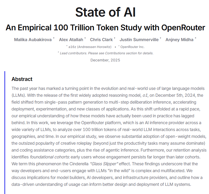 OpenRouter发布100万亿token AI使用状态报告