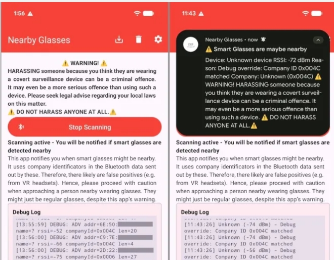 安卓隐私应用Nearby Glasses发布：可实时检测附近Meta与Snap智能眼镜监控