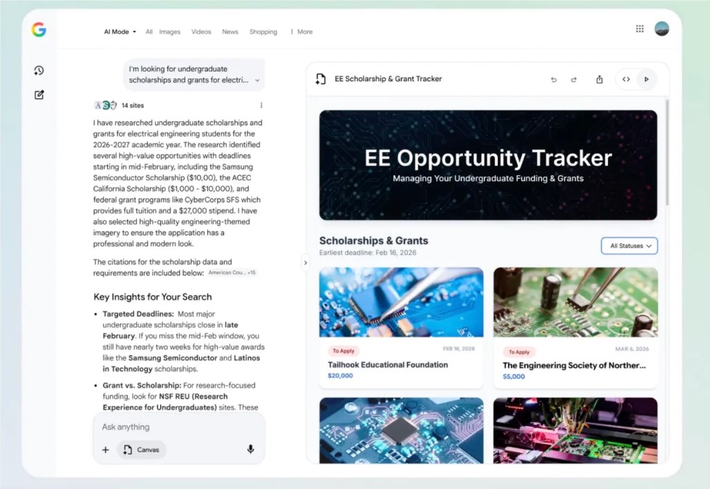 Google 搜索巨变！Canvas 正式全美公测：一键把搜索结果变成 App，百万 Token 窗口硬刚 ChatGPT
